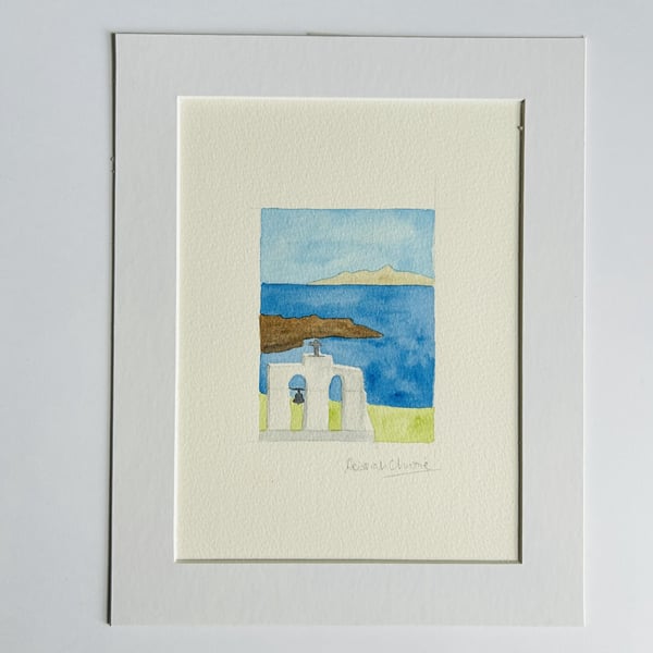 Greek watercolour church bell tower and sea
