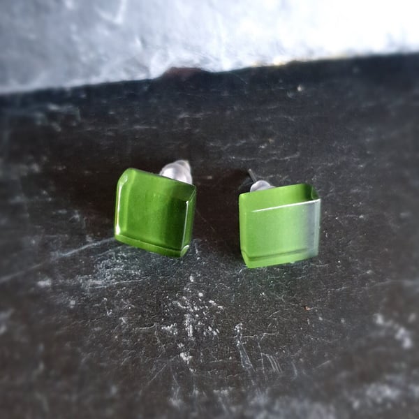 Beautiful High Gloss Glass square stud earrings. Emerald Green. Hypoallergenic.