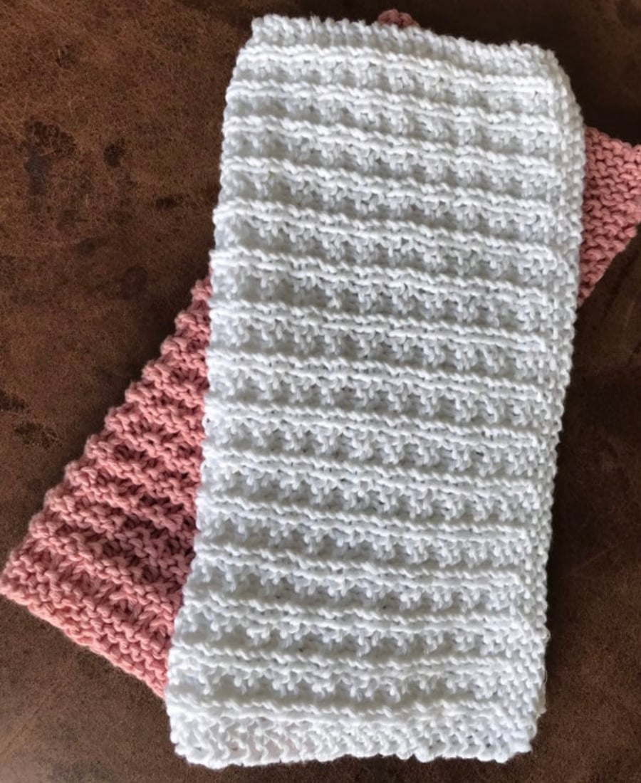 Hand knitted waffle dish cloth in pink