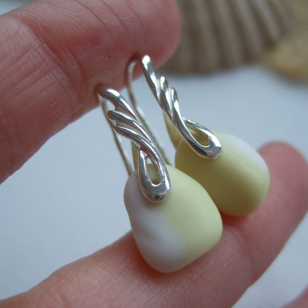 Pastel Yelllow Seaham sea glass earring, swirl milk sea glass earrings 