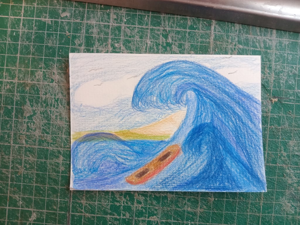 Coloured pencil original art. A6 seascape Naive illustration