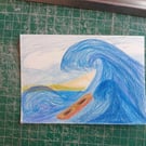 Coloured pencil original art. A6 seascape Naive illustration