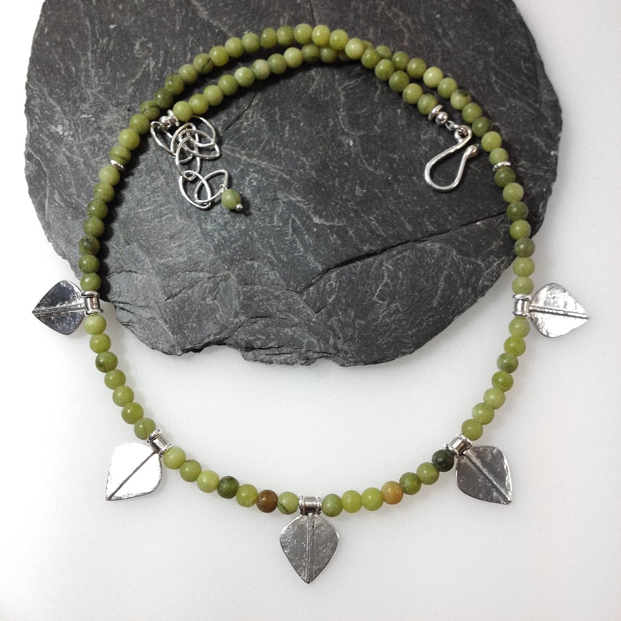 Silver and green opal leaf spear necklace