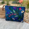 Vintage Flower Waltz Daisy linen zip pouch with blue corduroy back 