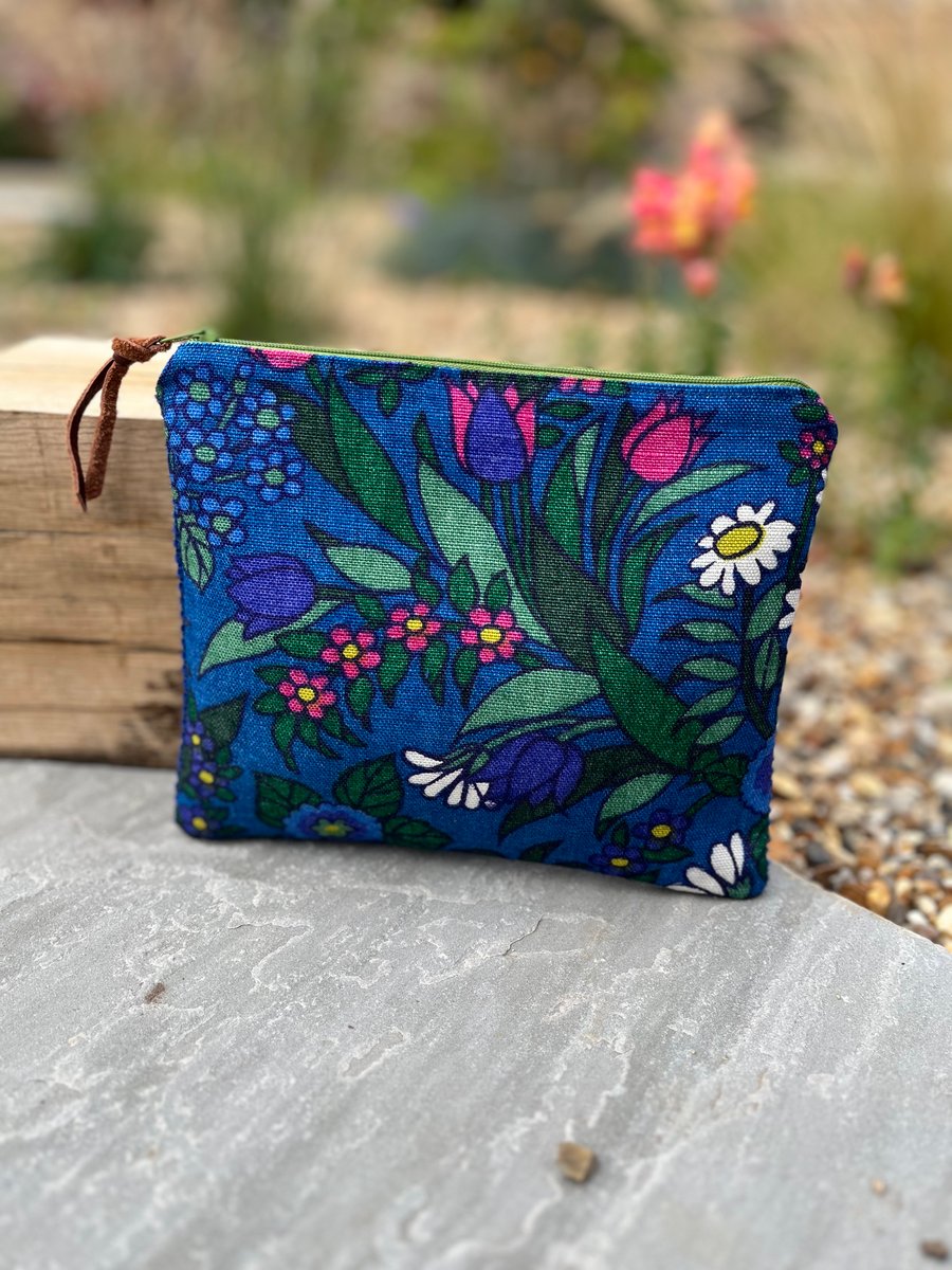 Vintage Flower Waltz Daisy linen zip pouch with blue corduroy back 
