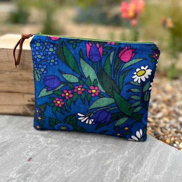 Vintage Flower Waltz Daisy linen zip pouch with blue corduroy back 