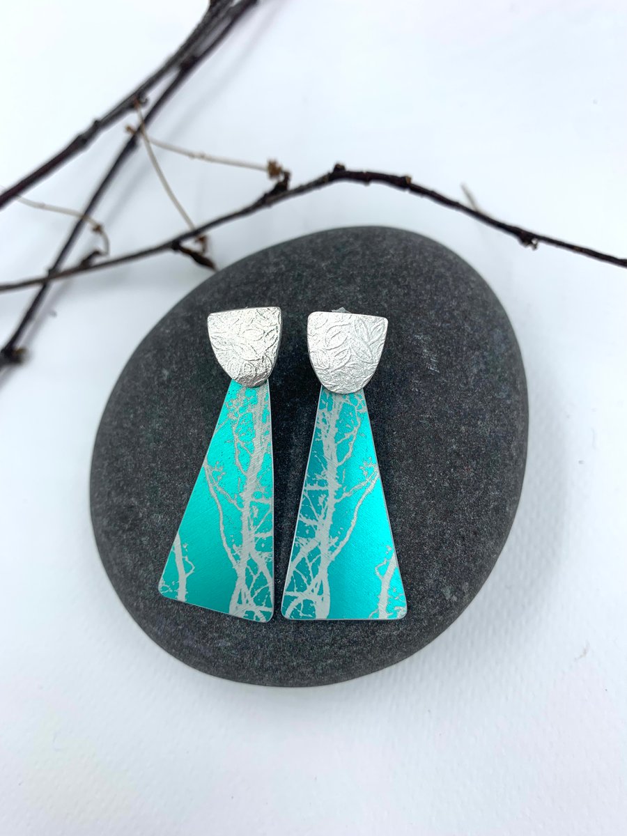 Teal green aluminium drop earrings with tree design and silver stud
