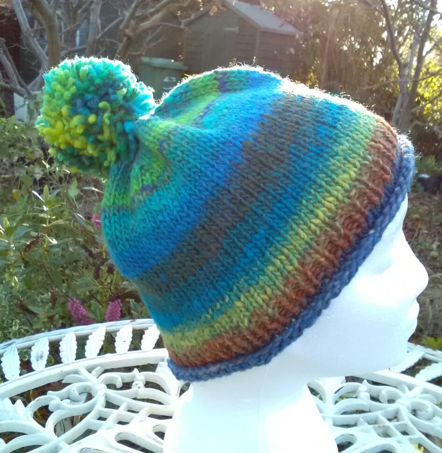 Handknit NORO Bobble Hat 100% wool turquoise and greens MED