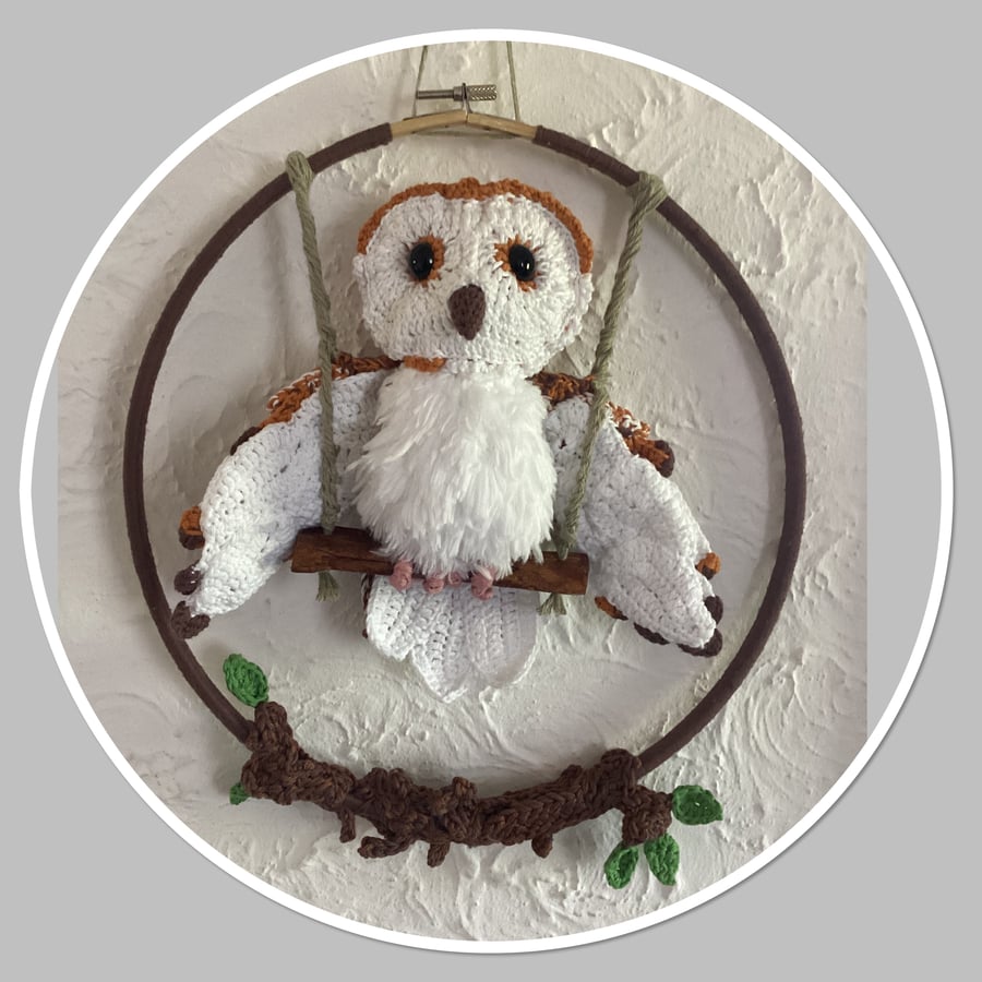 Crocheted Barn Owl hoop, wall hanging 
