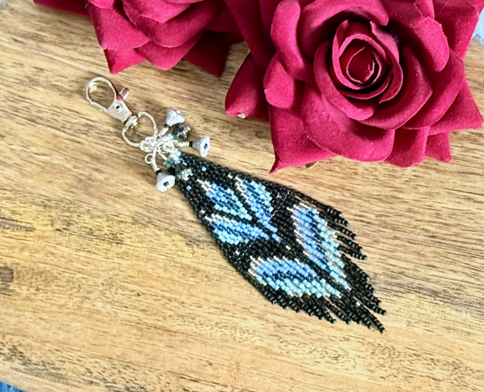 Blue lily flower beadwork bag charm with Czech glass bell flowers