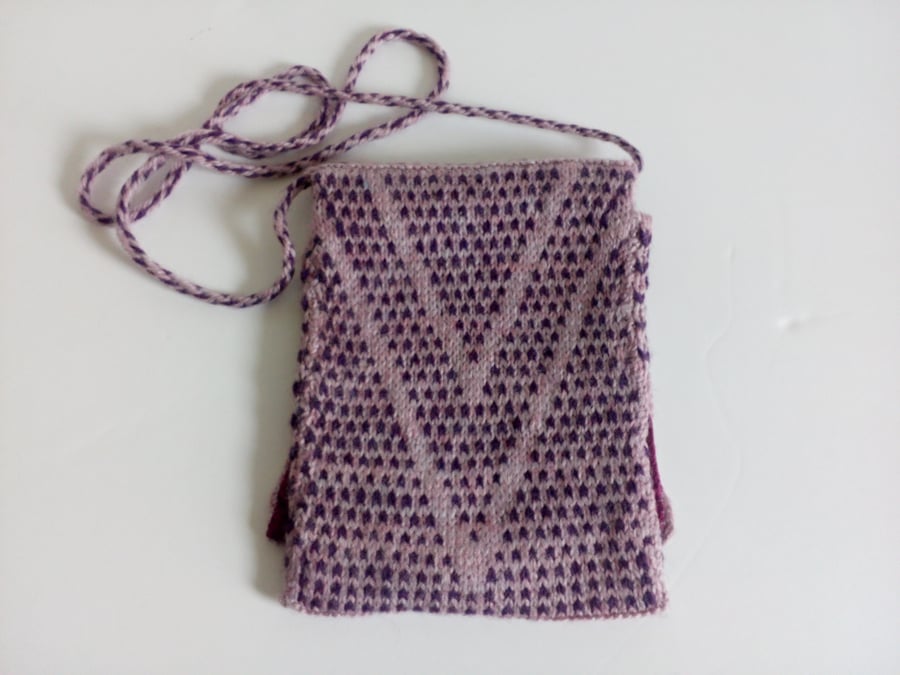 Knitted cross body bag with braided handle, lined bag, handmade, purple, pink