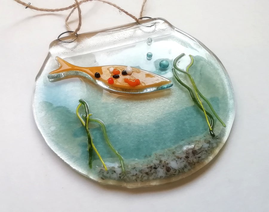 Fused Glass Fish Bowl Suncatcher: Whimsical Home Decor
