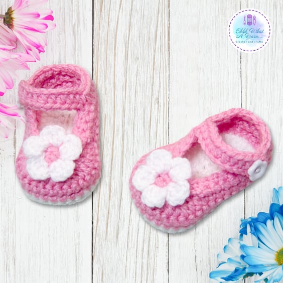 Crochet pink and white flower shoes, booties, bootees in various sizes