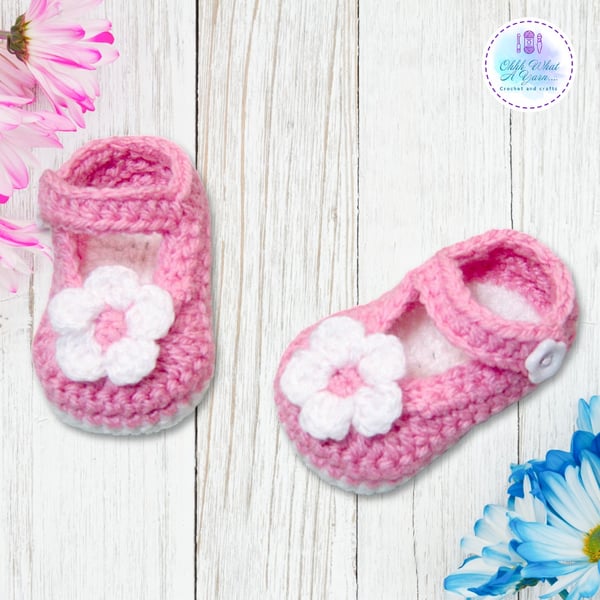 Crochet pink and white flower shoes, booties, bootees in various sizes