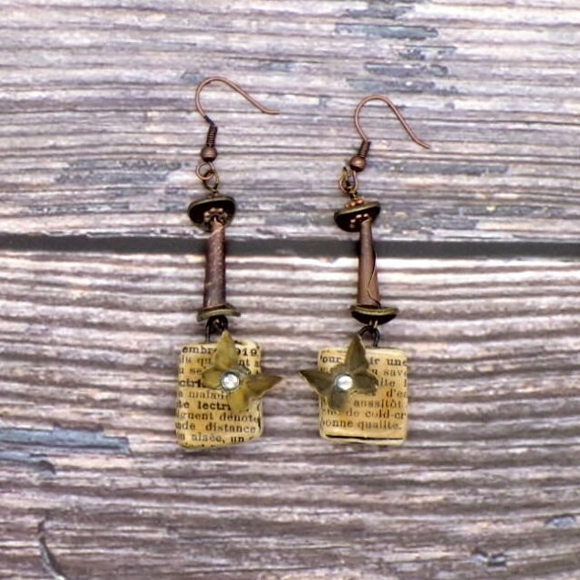 Copper Dangle Earrings - Ceramic Book, Butterfly, Crystal