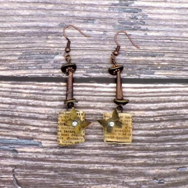 Copper Dangle Earrings - Ceramic Book, Butterfly, Crystal