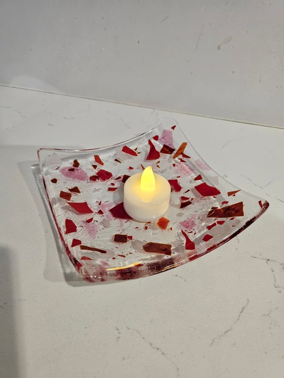  Hand made fused glass square decorative bowl - red confetti