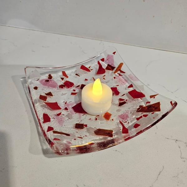 Fused Glass small  square decorative bowl - red confetti