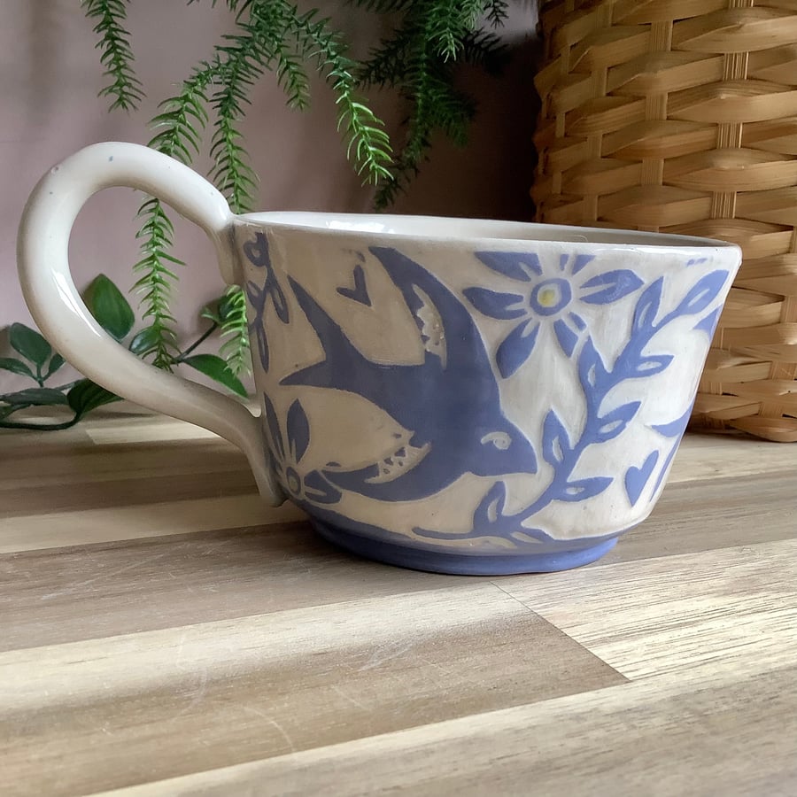 Handmade stoneware sgraffito Lilac bird heart and flower mug