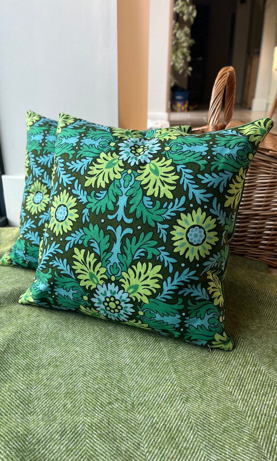 Green leafy vintage cotton and velvet cushion cover 