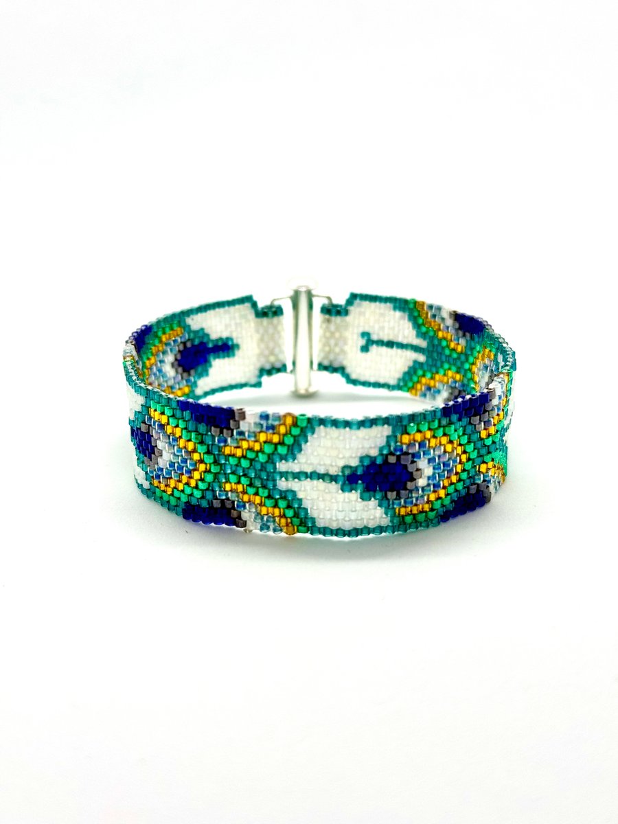 Handmade Peacock Peyote Beaded Cuff Bracelet 