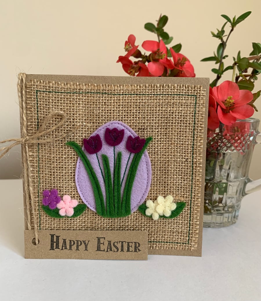 Easter greeting card with purple flowers. Handmade from wool felt.