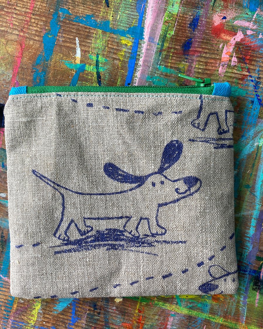Small dog purse natural linen-green zip-  by Jo Brown HappyTomato