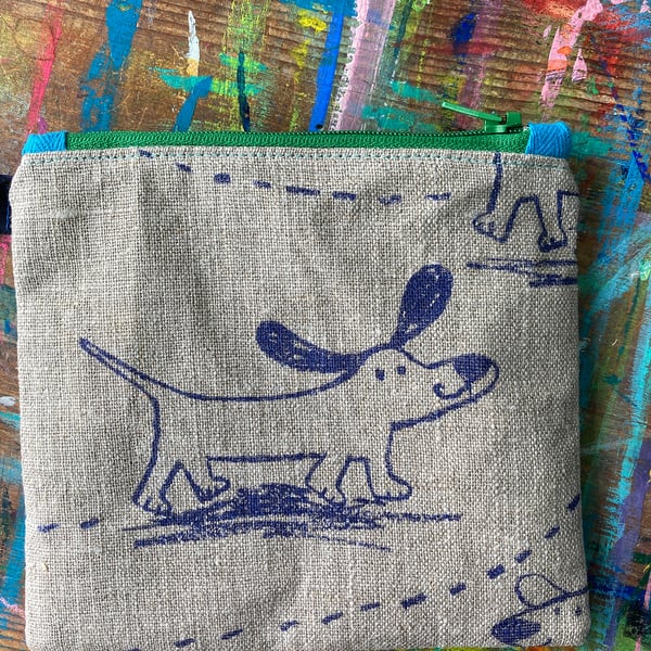 Small dog purse natural linen-green zip-  by Jo Brown HappyTomato