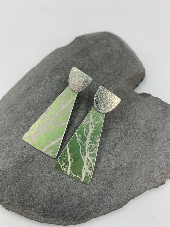 Sage green aluminium drop earrings with tree design and silver stud