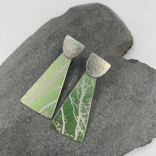 Sage green aluminium drop earrings with tree design and silver stud