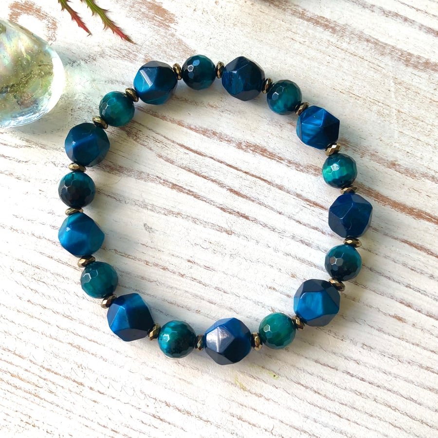 Teal Blue Tiger's Eye Gemstone Hexagon Beaded Stretch Bracelet. Semi Precious 