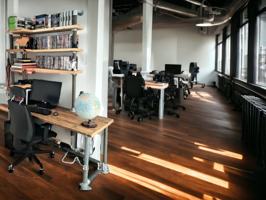 Integrated Office Desk Shelves, Custom Made,Reclaimed Scaffold Boards Pipes, Tub