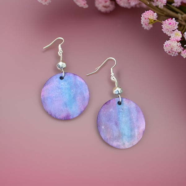 Earrings - Boho style, Dangle, Alcohol Ink on Wood - Silver Plated Freepost