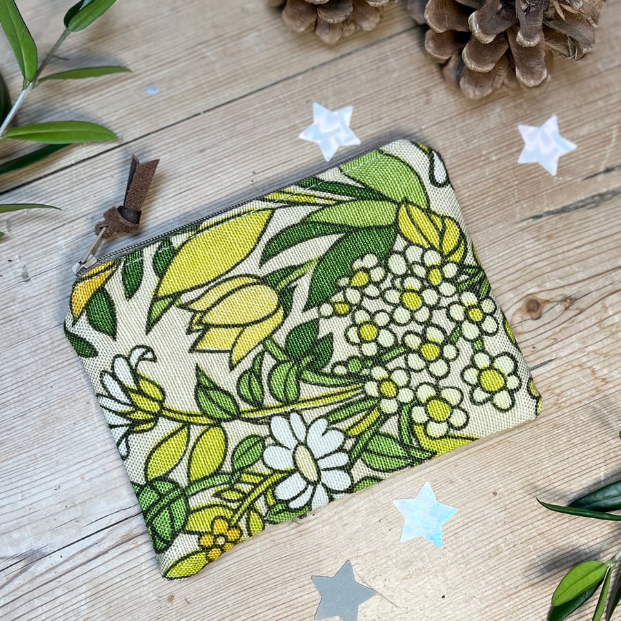 Vintage Flower Waltz Yellow Floral linen and tweed coin purse stocking filler