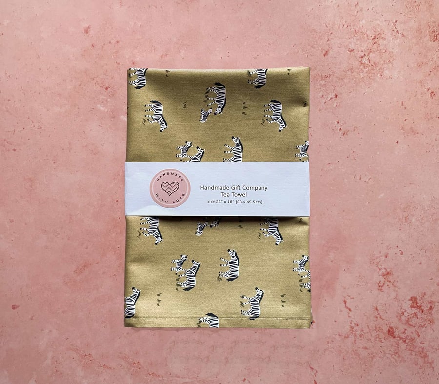 Fabric Handmade Pretty Cotton Tea Towel with a Zebra Design Pale Yellow Fabric