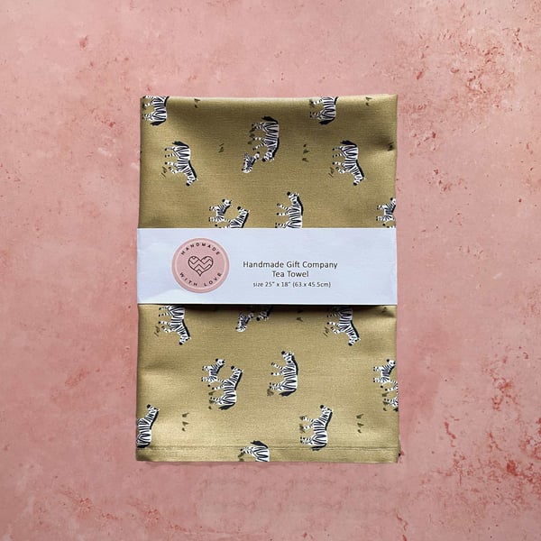 Fabric Handmade Pretty Cotton Tea Towel with a Zebra Design Pale Yellow Fabric
