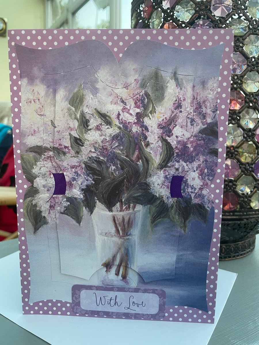 Vase of lilacs layered shaped birthday card