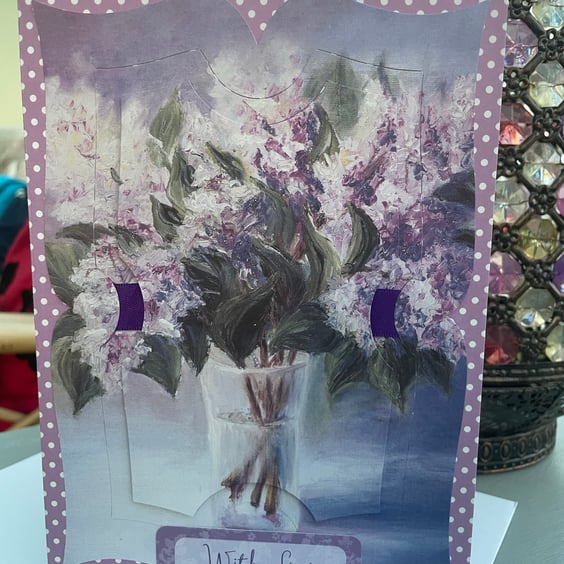 Vase of lilacs layered shaped birthday card