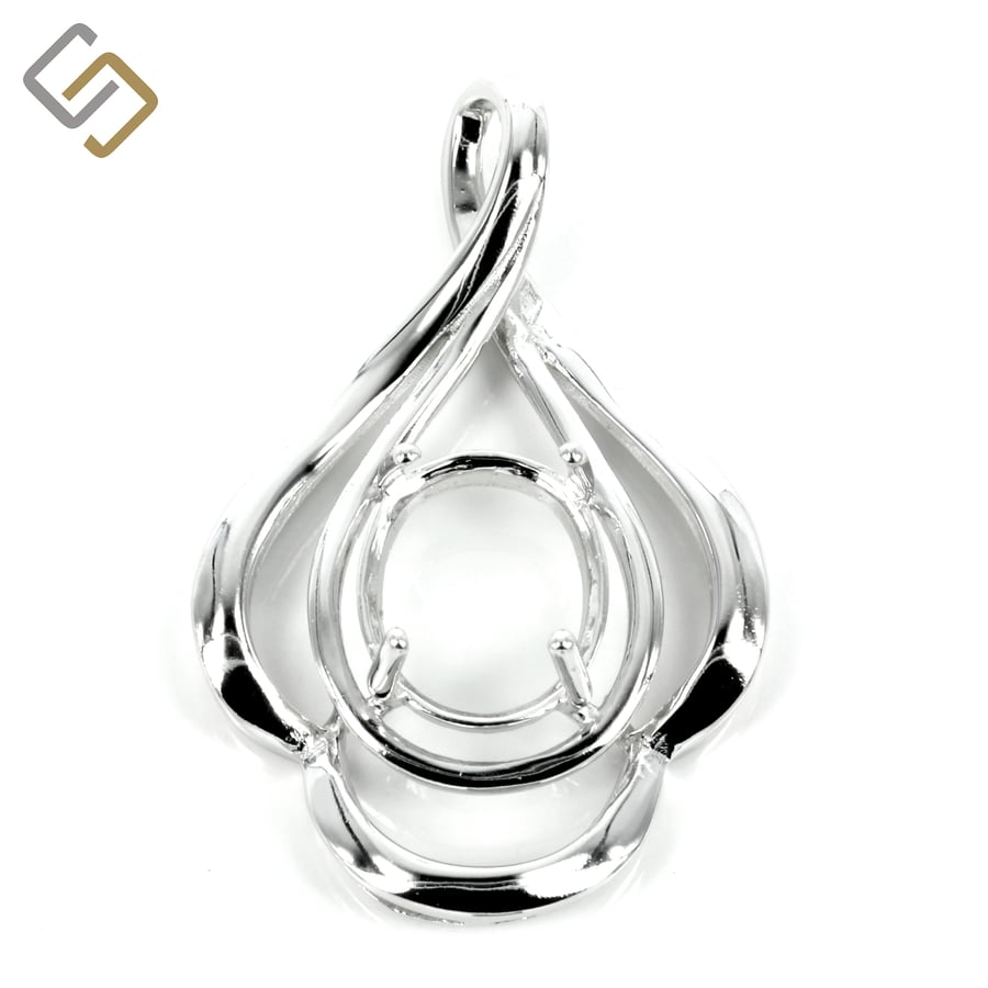 Swirl-drape framed oval pendant, incorporated bail, for 10mm x 12mm Oval Stones