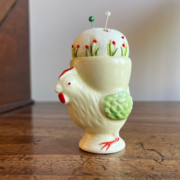 Pin cushion - Vintage chicken egg cup - embroidered with bee and flowers