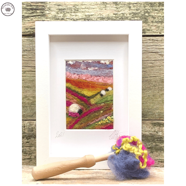 Small landscape summer felted fibre art embroidery heather purple gift