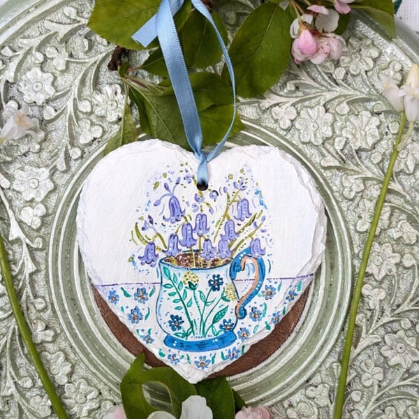 Bluebell and Teacup hand-painted slate heart decoration 