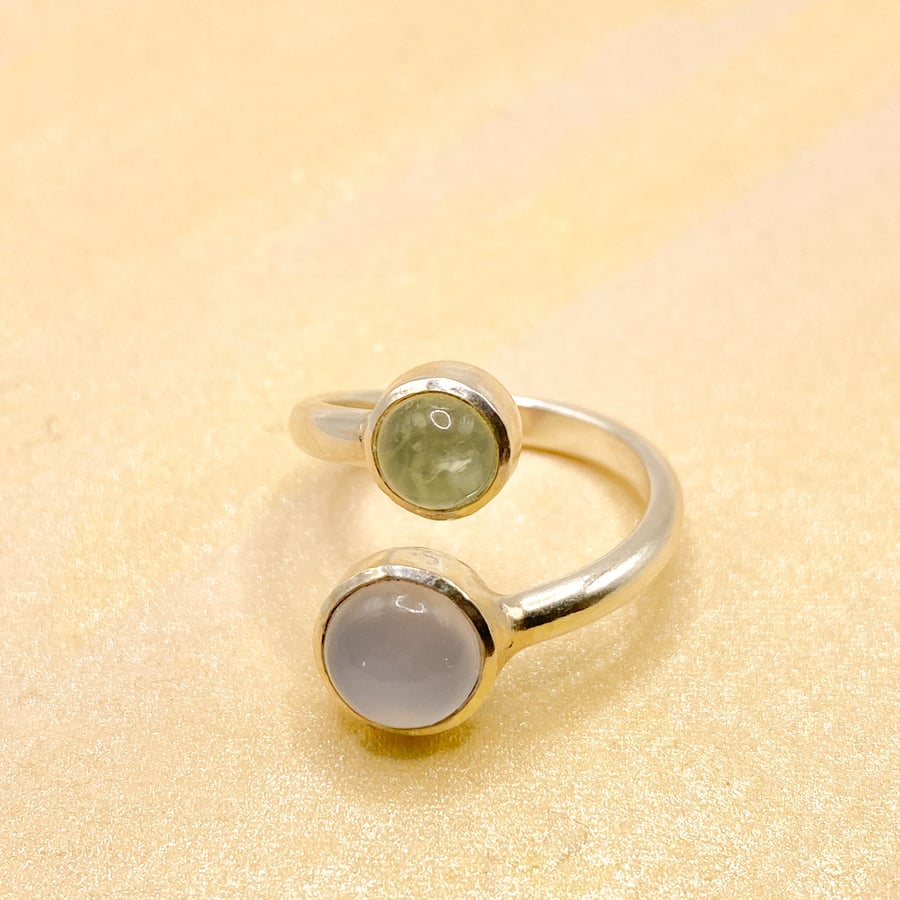 Unique Chalcedony and Prehnite Silver Ring Handmade 