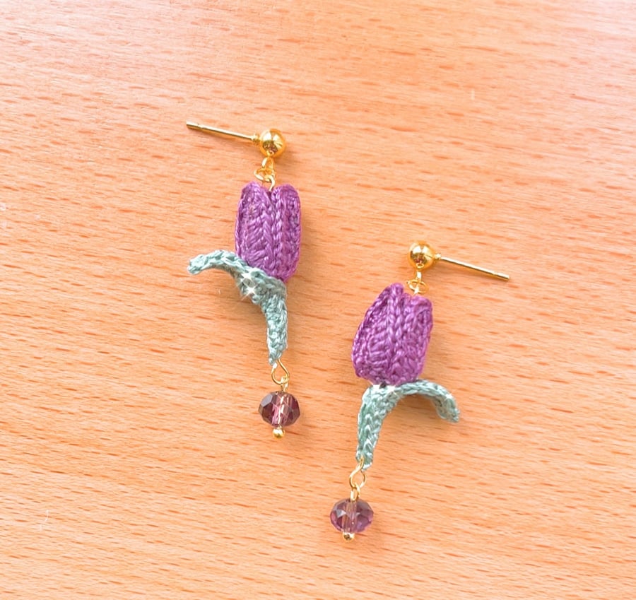 Microcrochet Purple Tulips Crystal Glass Beads Stud Drop Earrings 