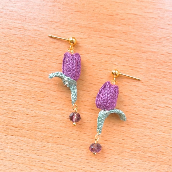 Microcrochet Purple Tulips Crystal Glass Beads Stud Drop Earrings 