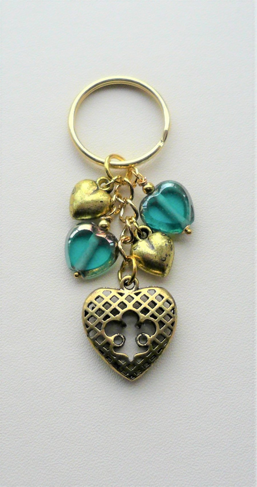 Teal Green Blue Glass and Gold Heart Keyring or Bag Charm   KCJ2039