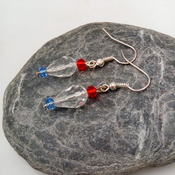 Clear Red and Blue Crystal Drop Bead Earrings, Gift for Her, Birthday Gift
