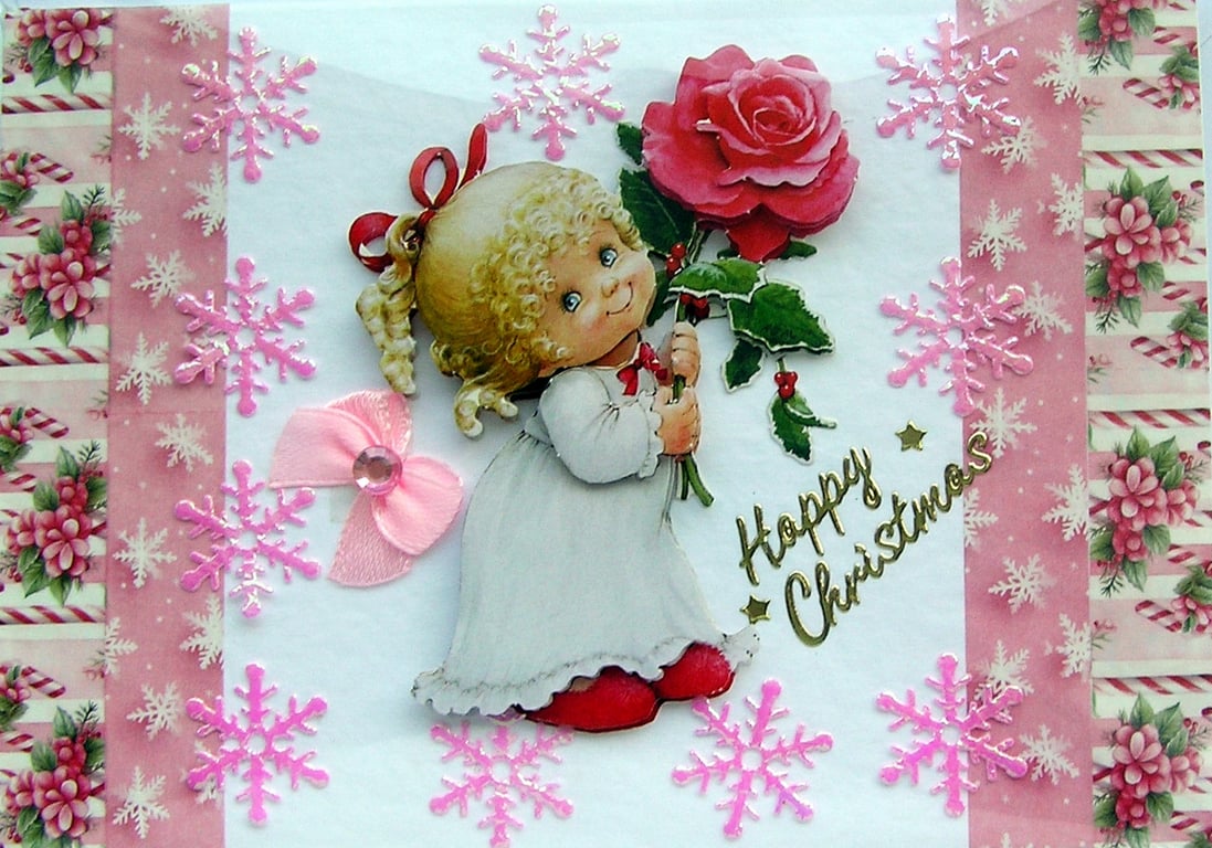 Hand Crafted Decoupage Chistmas Card - Happy Christmas (3204) Rose Girl