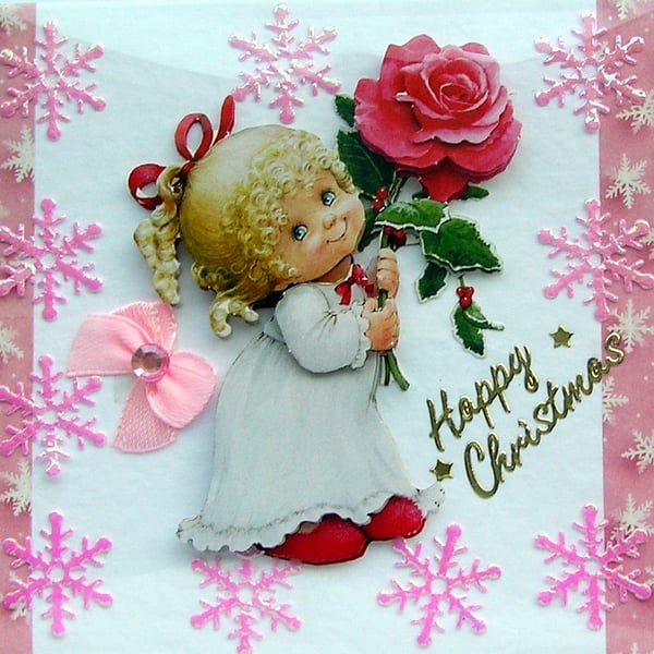 Hand Crafted Decoupage Chistmas Card - Happy Christmas (3204) Rose Girl