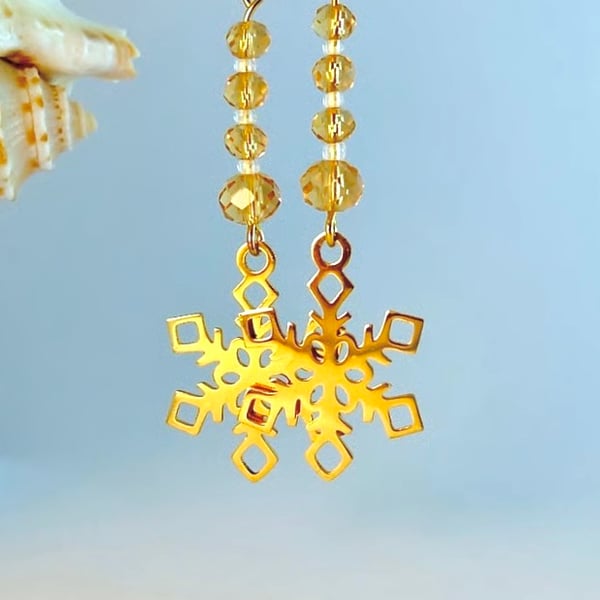 Gold Snowflake Earrings & Sparkly Crystal, Christmas Jewellery, Stocking Filler